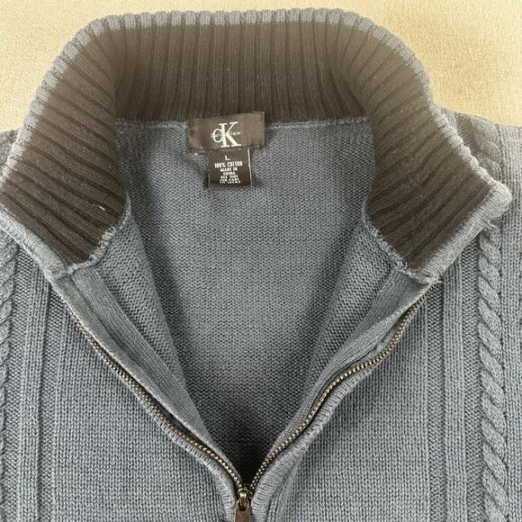 Calvin Klein Cable Knit Sweater Men L 100% Algodon Cotton Blue 1/4 Zip Pullover - Picture 3 of 8